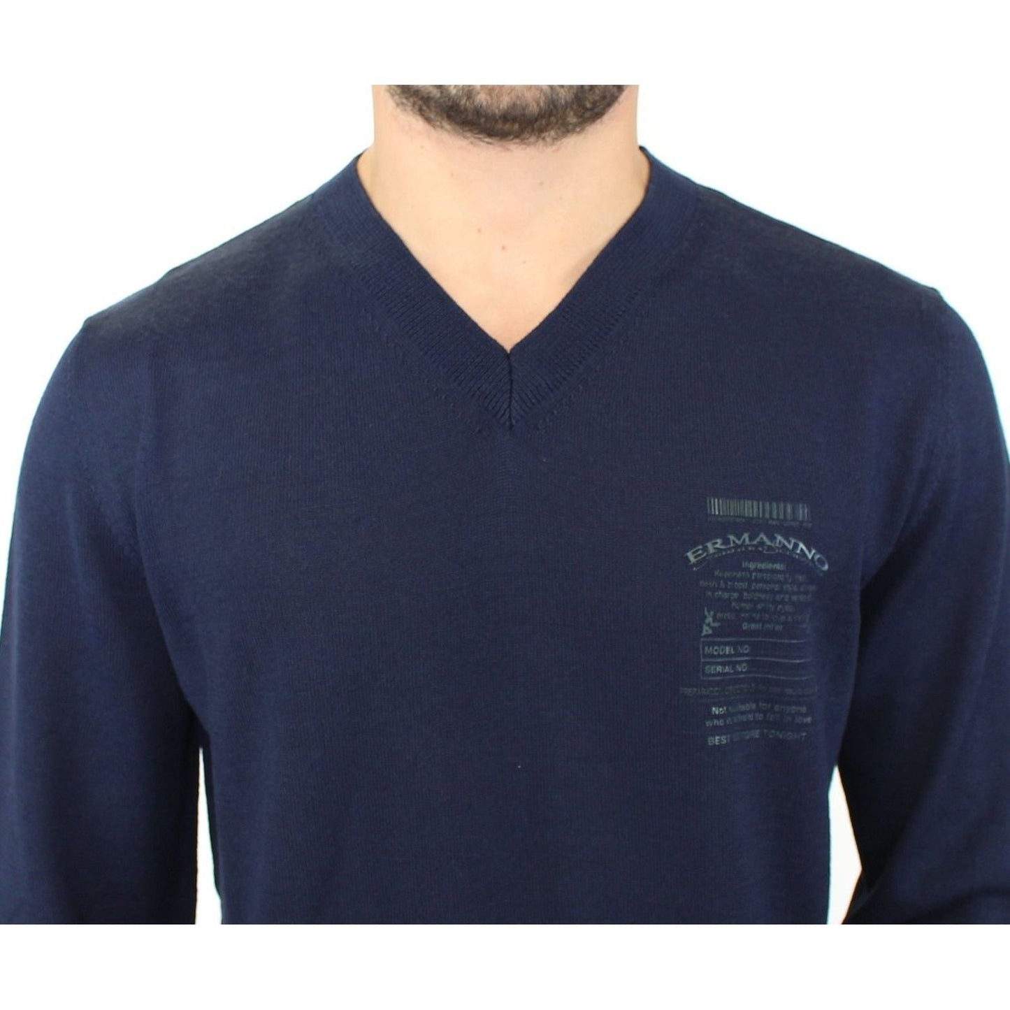 Ermanno Scervino Elegant Blue V-Neck Wool Blend Pullover blue-wool-blend-v-neck-pullover-sweater 37438-blue-wool-blend-v-neck-pullover-sweater-4.jpg