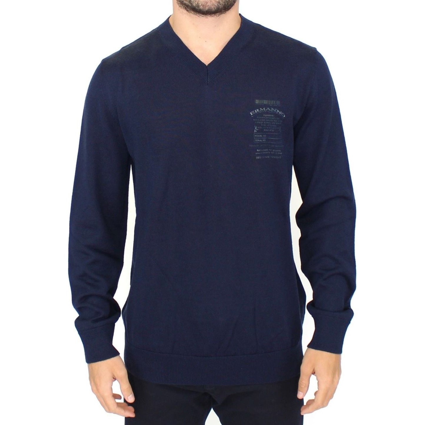 Ermanno Scervino Elegant Blue V-Neck Wool Blend Pullover blue-wool-blend-v-neck-pullover-sweater 37438-blue-wool-blend-v-neck-pullover-sweater.jpg