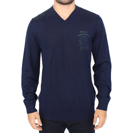 Ermanno Scervino Elegant Blue V-Neck Wool Blend Pullover blue-wool-blend-v-neck-pullover-sweater