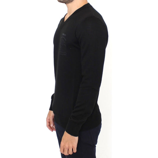 Ermanno Scervino Elegant Black V-Neck Wool Blend Sweater black-wool-blend-v-neck-pullover-sweater