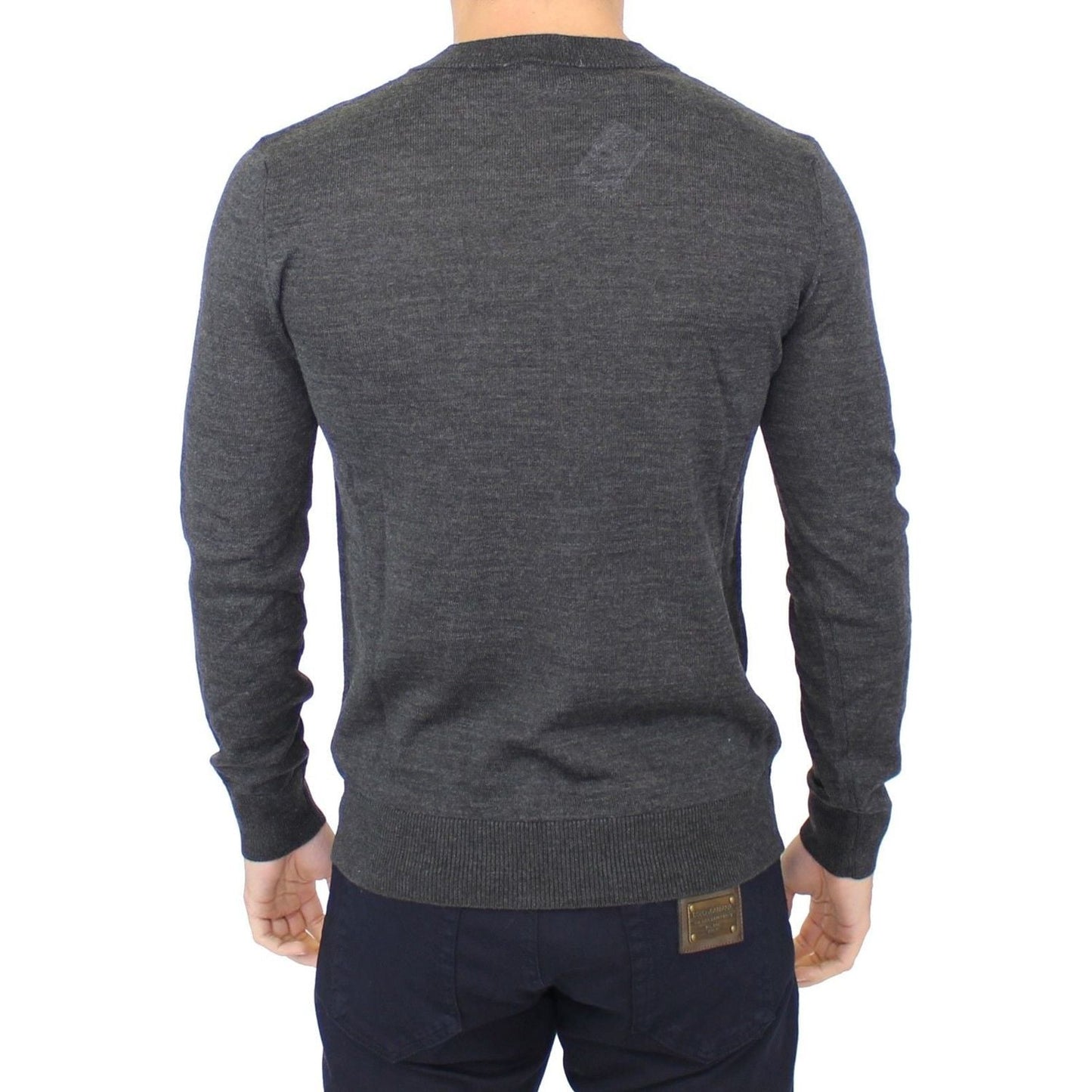 Ermanno Scervino Chic Gray V-Neck Wool Blend Pullover Sweater gray-wool-blend-v-neck-pullover-sweater 37803-gray-wool-blend-v-neck-pullover-sweater-2.jpg