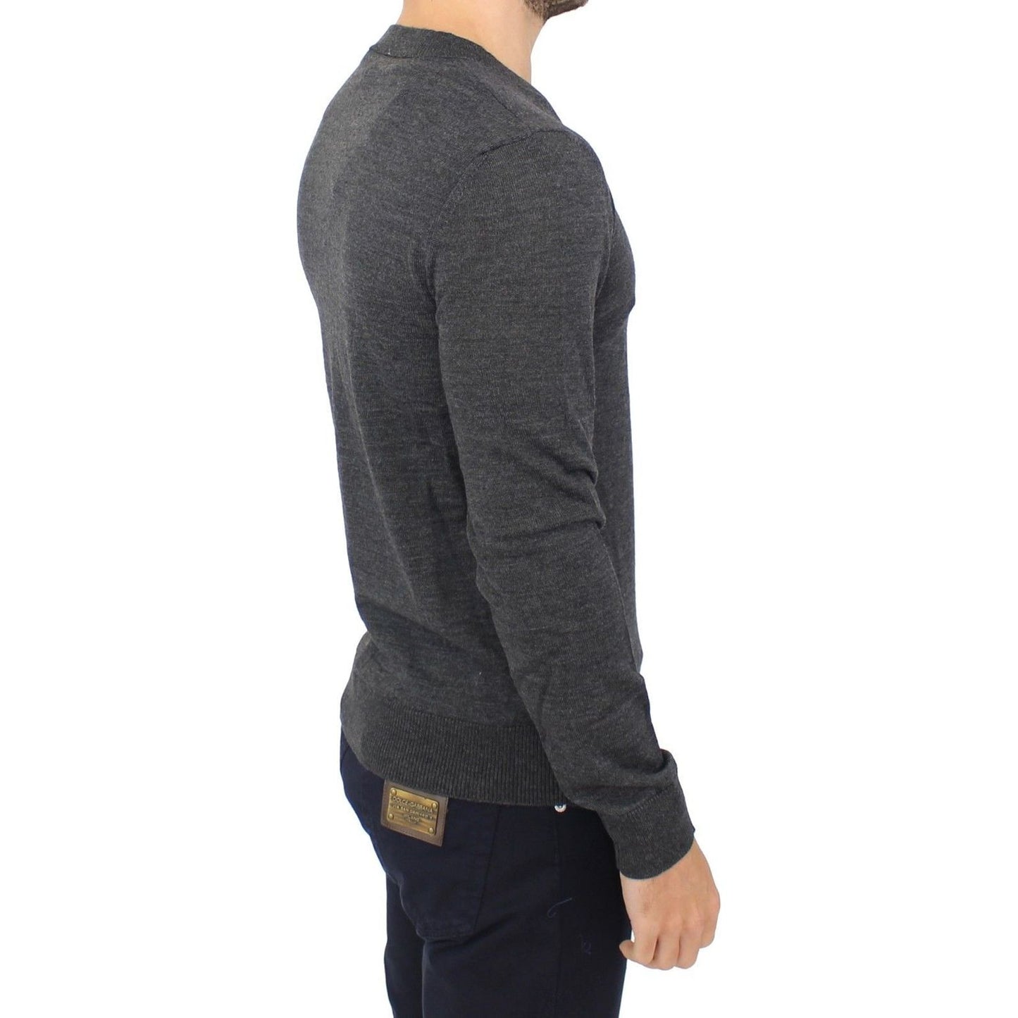 Ermanno Scervino Chic Gray V-Neck Wool Blend Pullover Sweater gray-wool-blend-v-neck-pullover-sweater 37803-gray-wool-blend-v-neck-pullover-sweater-3.jpg