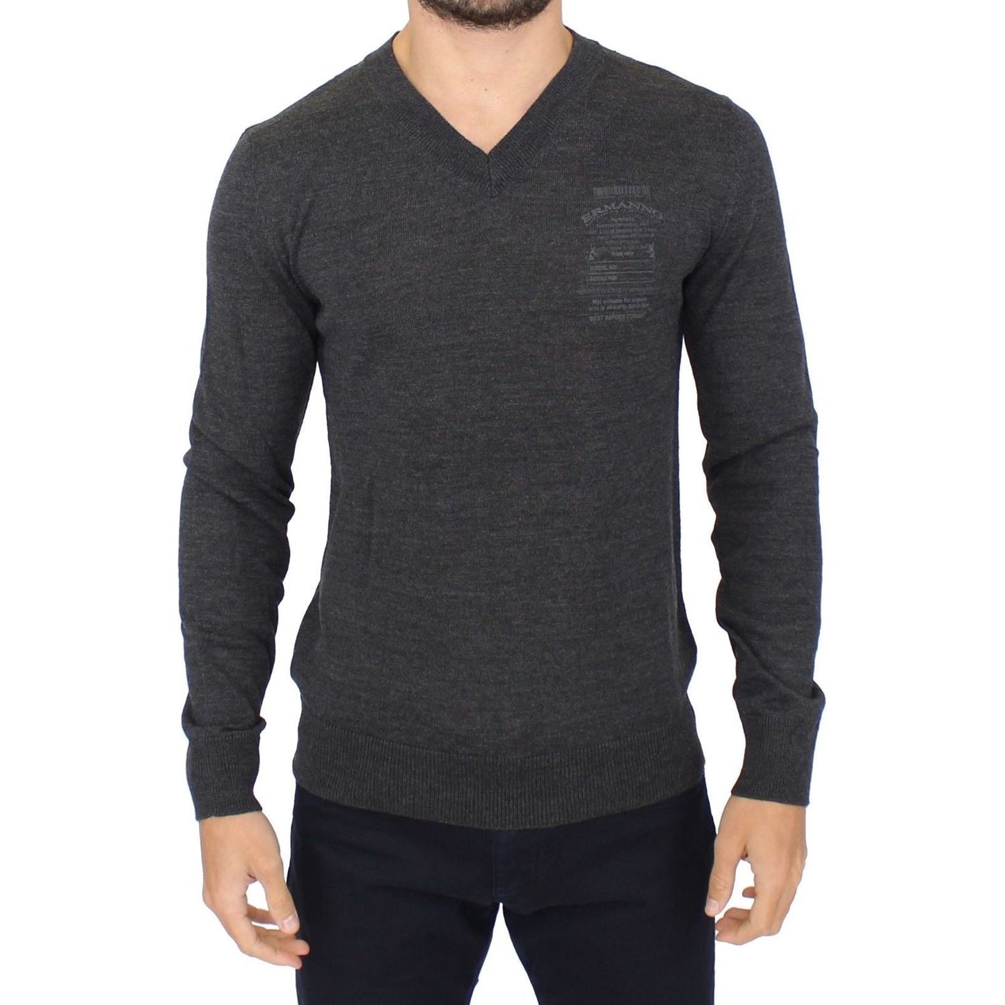 Ermanno Scervino Chic Gray V-Neck Wool Blend Pullover Sweater gray-wool-blend-v-neck-pullover-sweater 37803-gray-wool-blend-v-neck-pullover-sweater.jpg