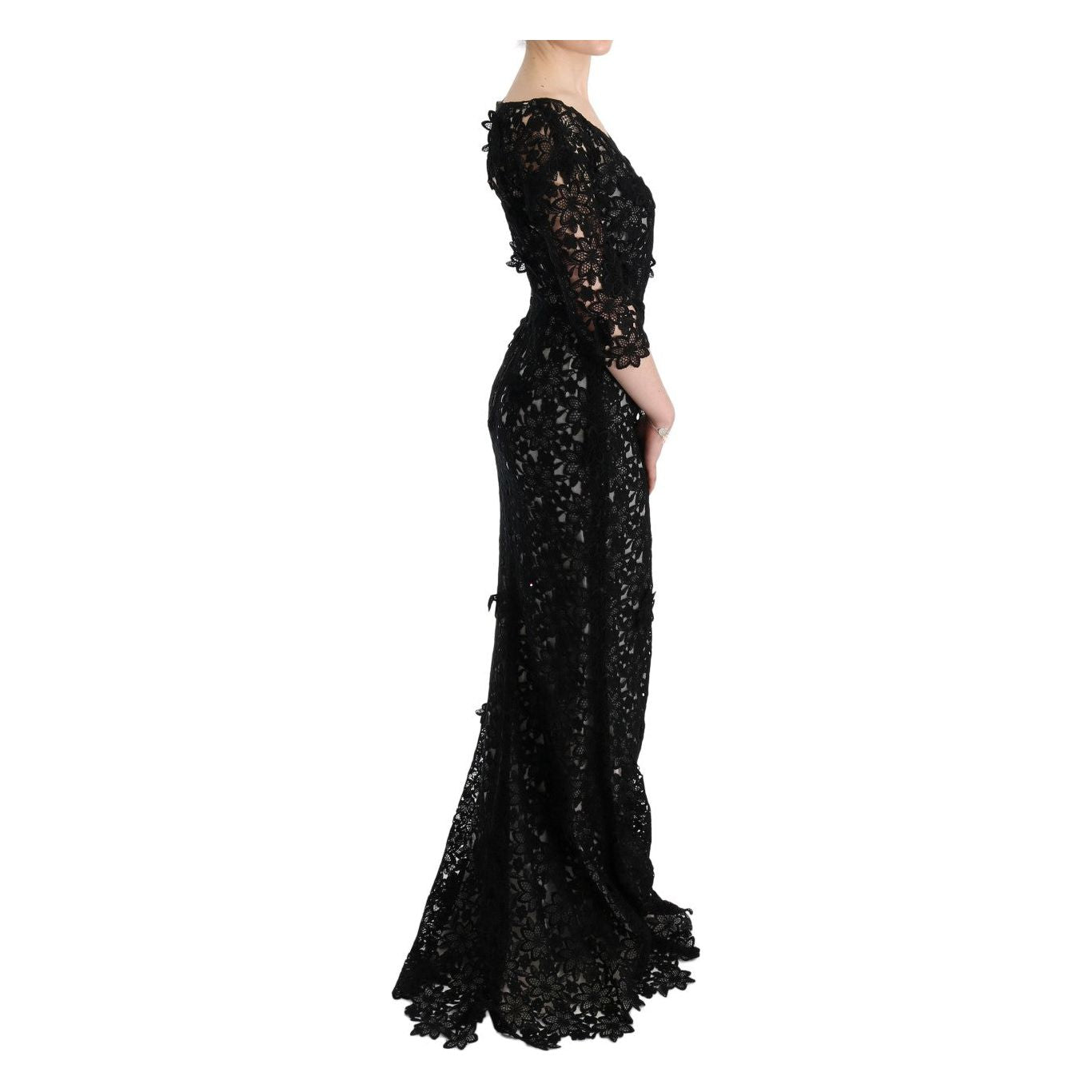 Dolce & Gabbana Elegant Black Maxi Shift Dress with Floral Applique Dresses black-cotton-silk-floral-long-dress
