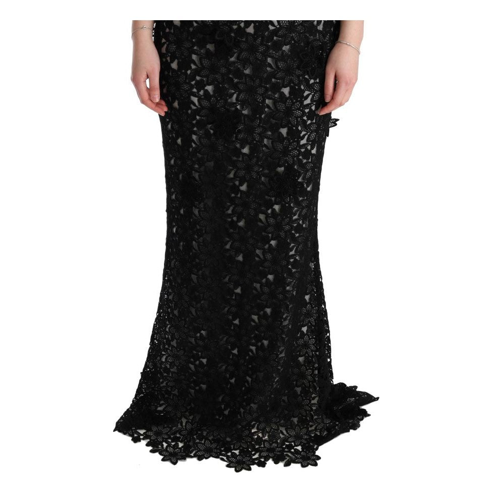 Dolce & Gabbana Elegant Black Maxi Shift Dress with Floral Applique Dresses black-cotton-silk-floral-long-dress
