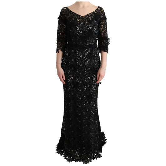 Dolce & GabbanaElegant Black Maxi Shift Dress with Floral AppliqueMcRichard Designer Brands£1939.00