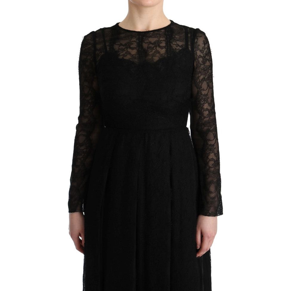 Dolce & Gabbana Elegant Black Sheath Long Sleeve Dress black-floral-lace-sheath-silk-dress 445465-black-floral-lace-sheath-silk-dress-4.jpg