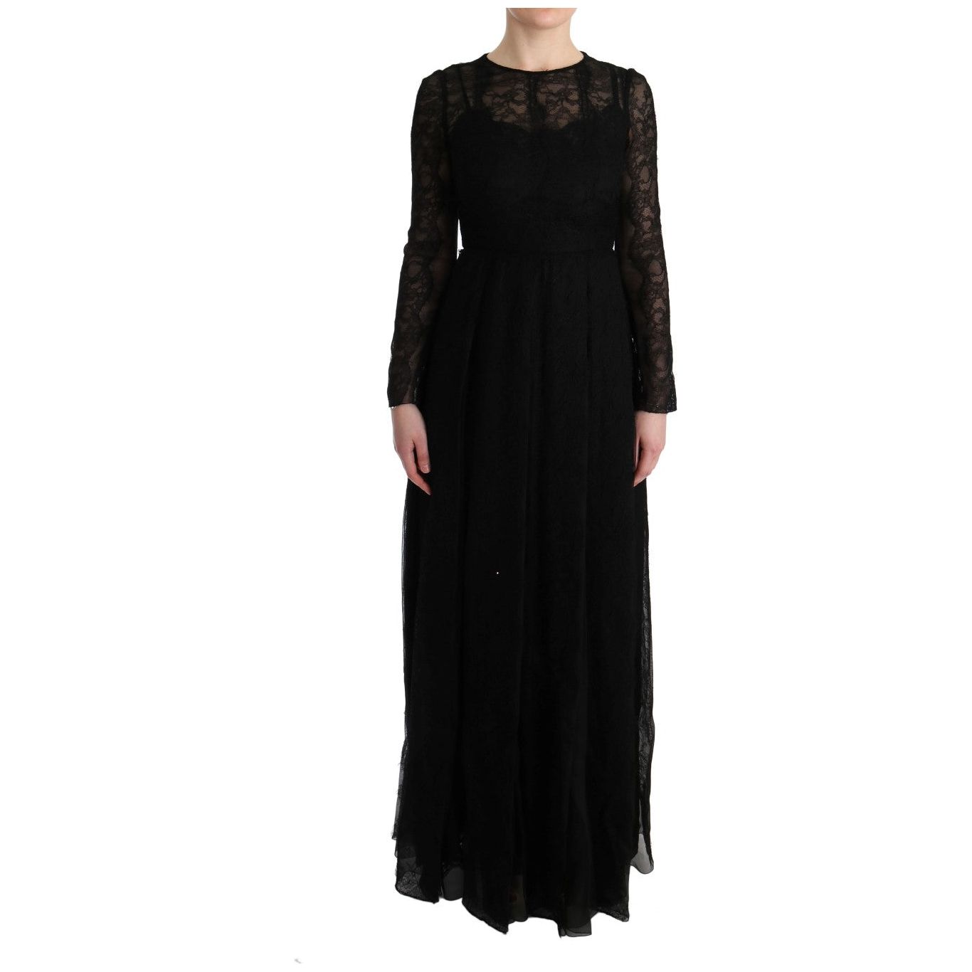 Dolce & Gabbana Elegant Black Sheath Long Sleeve Dress black-floral-lace-sheath-silk-dress 445465-black-floral-lace-sheath-silk-dress.jpg