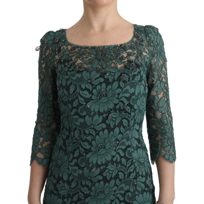 Dolce & Gabbana Elegant Green Crystal Embellished Sheath Dress green-floral-crystal-ricamo-sheath-dress