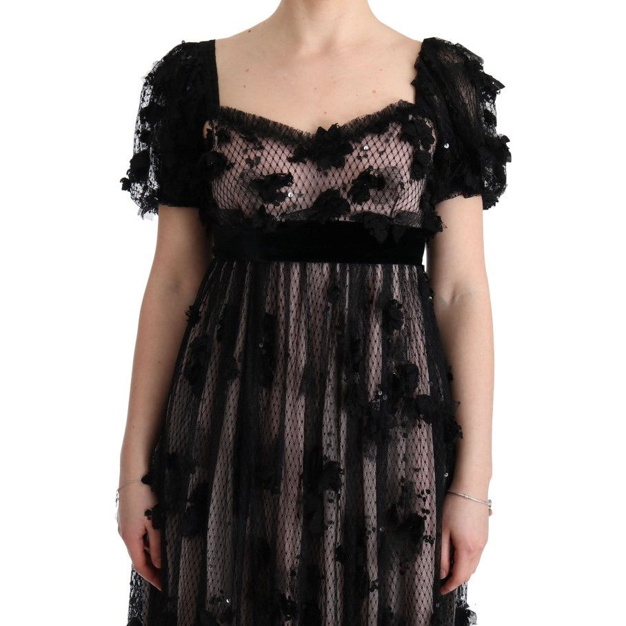Dolce & Gabbana Elegant Floral Applique Full Length Dress black-pink-silk-applique-shift-dress