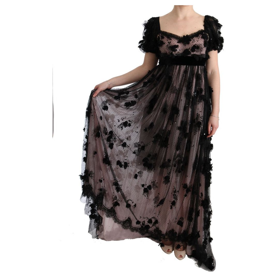 Dolce & Gabbana Elegant Floral Applique Full Length Dress black-pink-silk-applique-shift-dress