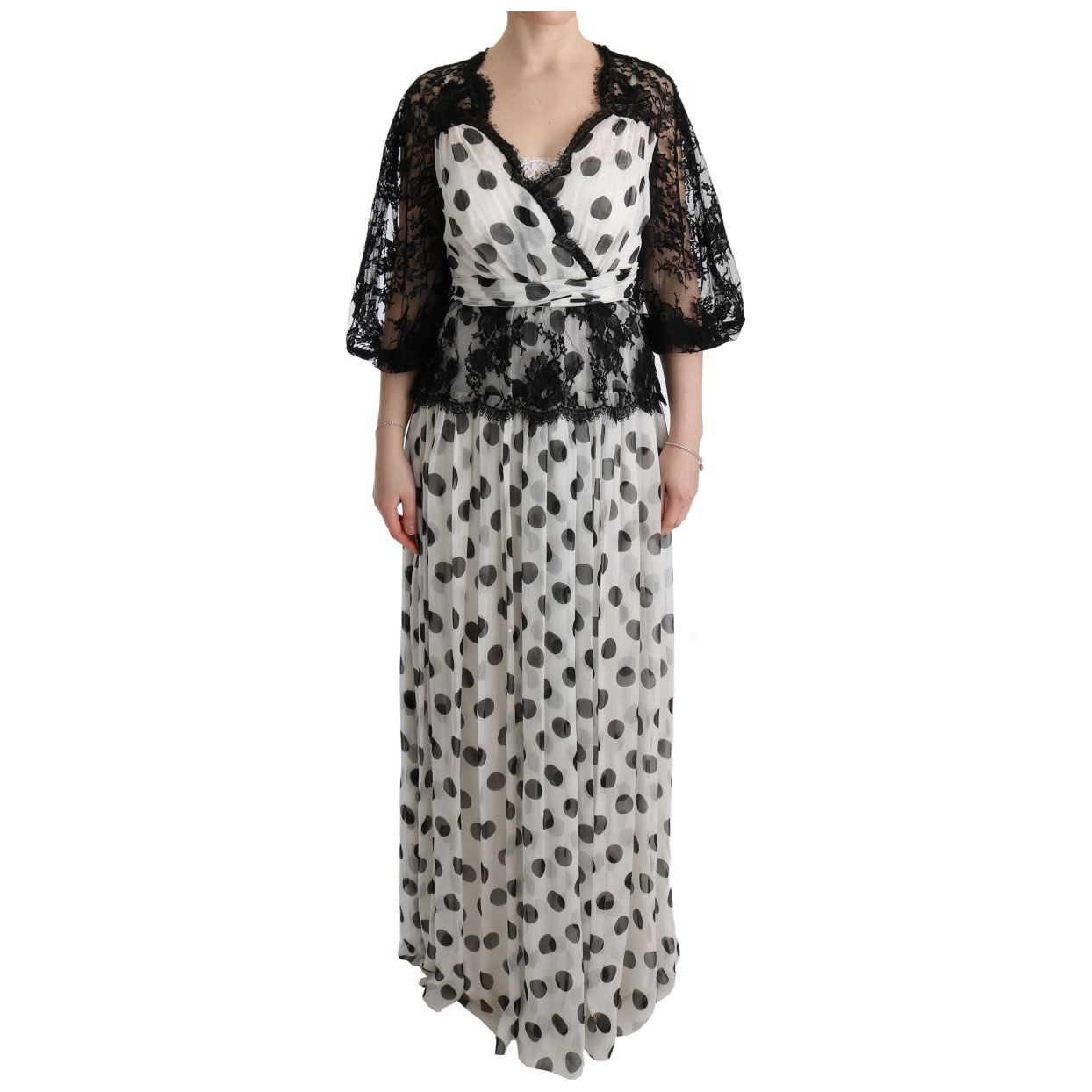 Dolce & Gabbana Elegant Polka Dotted Full Length Gown black-white-polka-dotted-floral-dress 445584-black-white-polka-dotted-floral-dress.jpg
