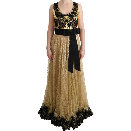 Dolce & Gabbana Elegant Gold Floral Lace Gown Dress gold-black-floral-lace-dress