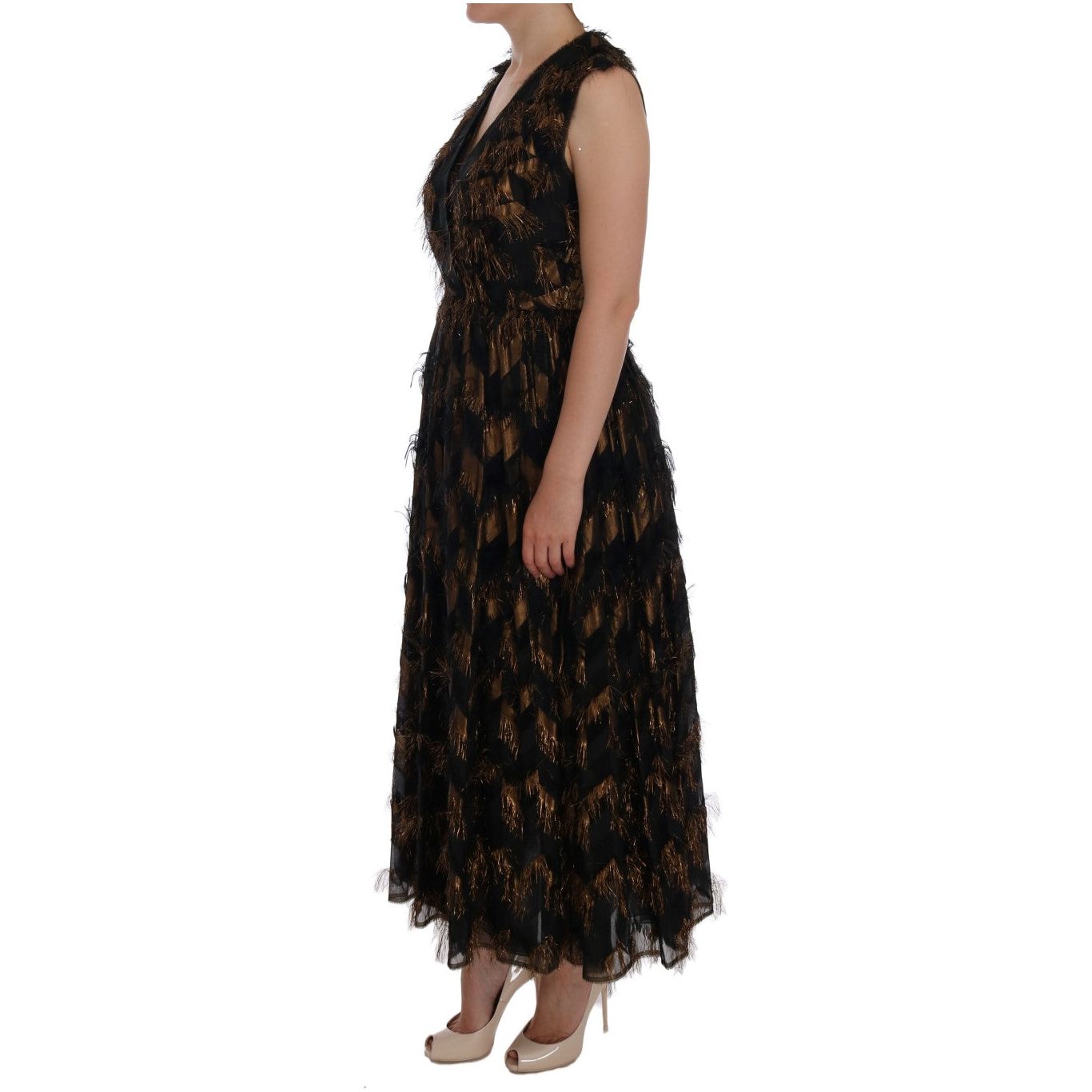 Dolce & Gabbana Elegant A-Line Full Length Sleeveless Dress black-silk-brown-fringes-a-line-dress 450867-black-silk-brown-fringes-a-line-dress-1.jpg
