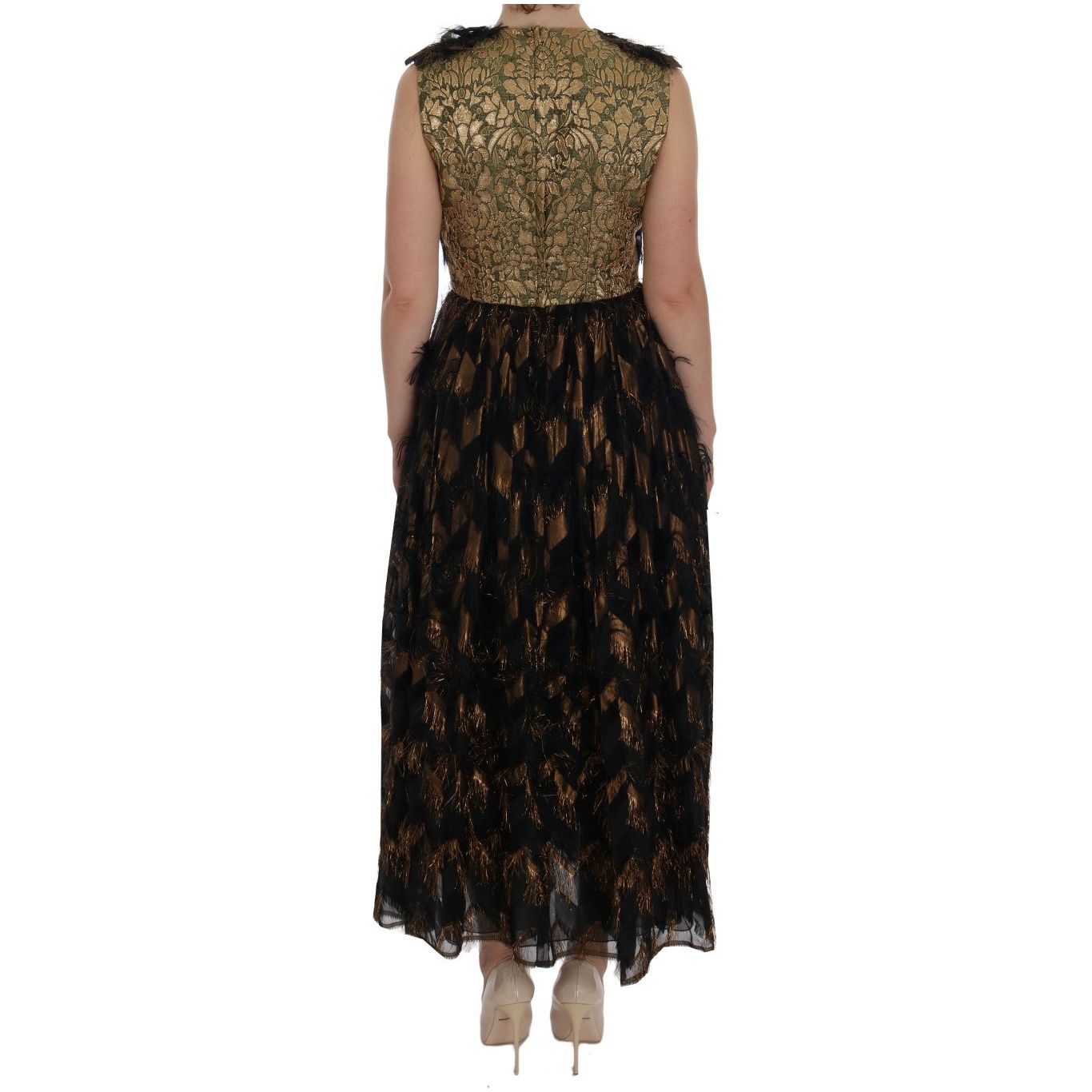 Dolce & Gabbana Elegant A-Line Full Length Sleeveless Dress black-silk-brown-fringes-a-line-dress 450867-black-silk-brown-fringes-a-line-dress-2.jpg