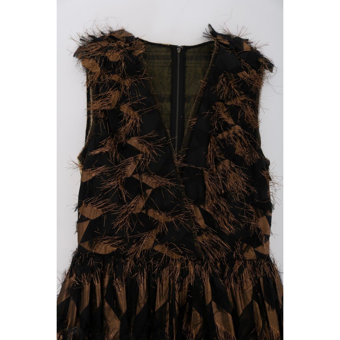 Dolce & Gabbana Elegant A-Line Full Length Sleeveless Dress black-silk-brown-fringes-a-line-dress 450867-black-silk-brown-fringes-a-line-dress-5-rotated.jpg