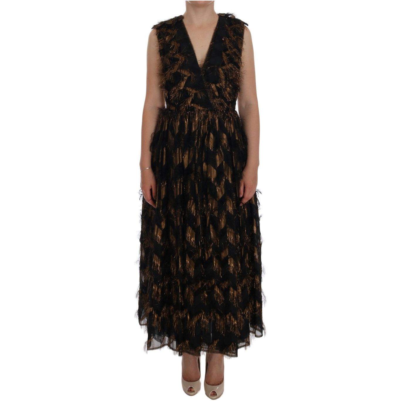 Dolce & Gabbana Elegant A-Line Full Length Sleeveless Dress black-silk-brown-fringes-a-line-dress 450867-black-silk-brown-fringes-a-line-dress.jpg