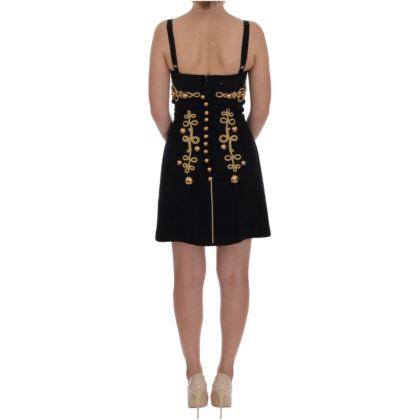 Dolce & Gabbana Elegant Black A-Line Sleeveless Dress with Gold Details black-wool-stretch-gold-a-line-dress