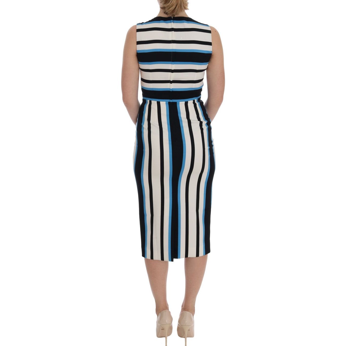Dolce & Gabbana Chic Striped Silk Sheath Dress blue-white-striped-silk-stretch-sheath-dress