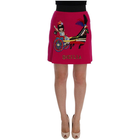 Dolce & Gabbana Embellished Silk-Lined Wool Skirt pink-carretto-crystal-wool-skirt