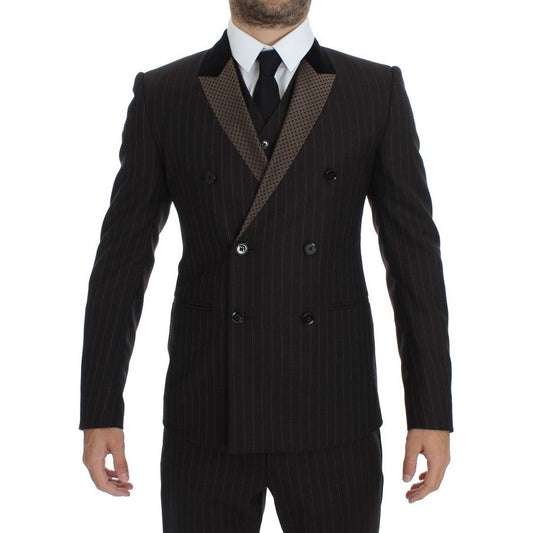 Dolce & Gabbana Elegant Brown Striped Three-Piece Tuxedo brown-striped-wool-slim-3-piece-suit-tuxedo Suit 45522-brown-striped-wool-slim-3-piece-suit-tuxedo-1.jpg
