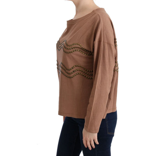 John Galliano Chic Brown Crewneck Cotton Sweater brown-cotton-studded-sweater