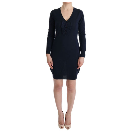 MARGHI LO' Elegant Over Knee Blue Wool Dress blue-wool-long-sleeve-shift-dress