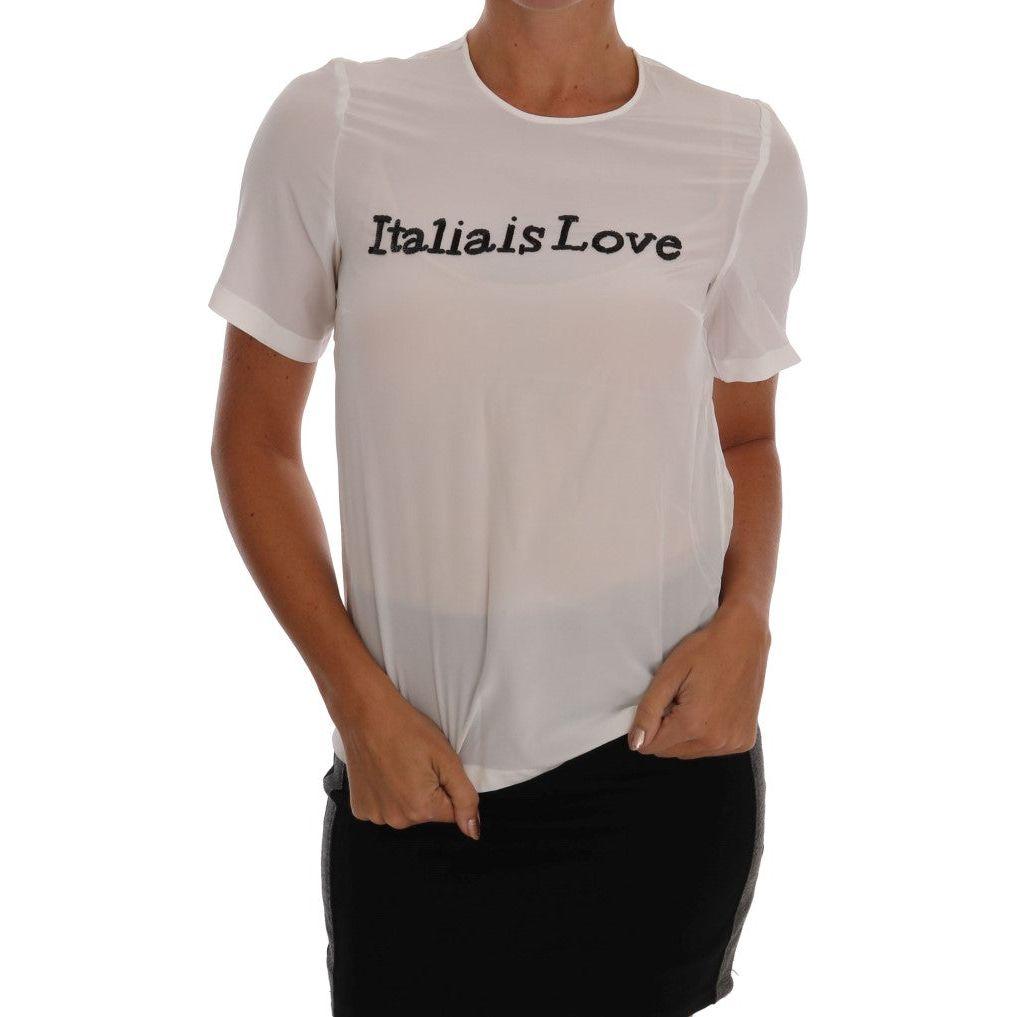 Dolce & Gabbana Silk Sequined 'Italia Is Love' White Blouse white-silk-italia-is-love-blouse-t-shirt