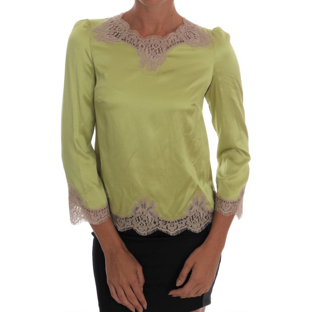 Dolce & Gabbana Elegant Floral Lace Silk Blouse green-silk-stretch-blouse-top