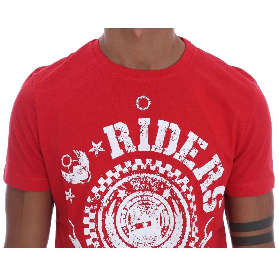 Frankie Morello Chic Red 'RIDERS' Motive Crewneck Tee red-cotton-riders-crewneck-t-shirt