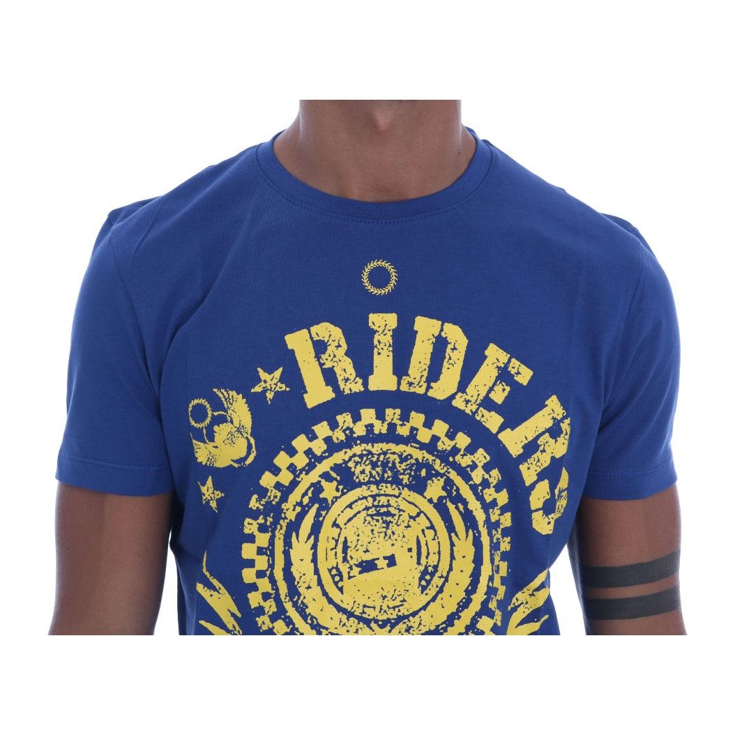 Frankie Morello Stylish Blue Riders Motif Cotton Tee blue-cotton-riders-crewneck-t-shirt