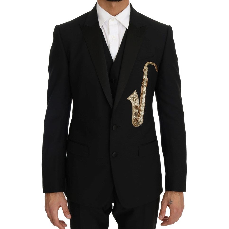 Dolce & Gabbana Elegant Black Three-Piece Suit with Saxophone Embroidery black-wool-silk-saxophone-slim-fit-suit Suit