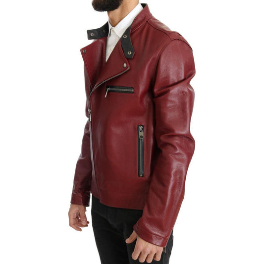 Dolce & Gabbana Radiant Red Leather Biker Motorcycle Jacket Coats & Jackets red-leather-deerskin-jacket 465126-red-leather-deerskin-jacket-1.jpg