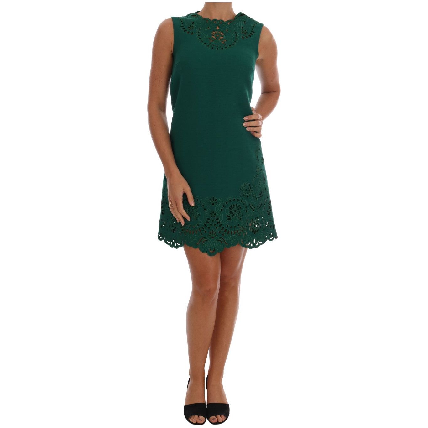 Dolce & Gabbana Elegant Green A-Line Sheath Dress green-floral-cutout-silk-wool-dress