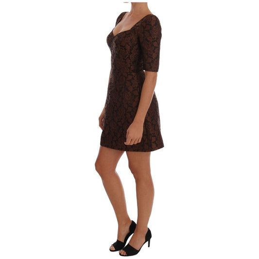 Dolce & Gabbana Chic Brown Mini Wool Blend Dress Dresses black-brown-floral-brocade-a-line-dress