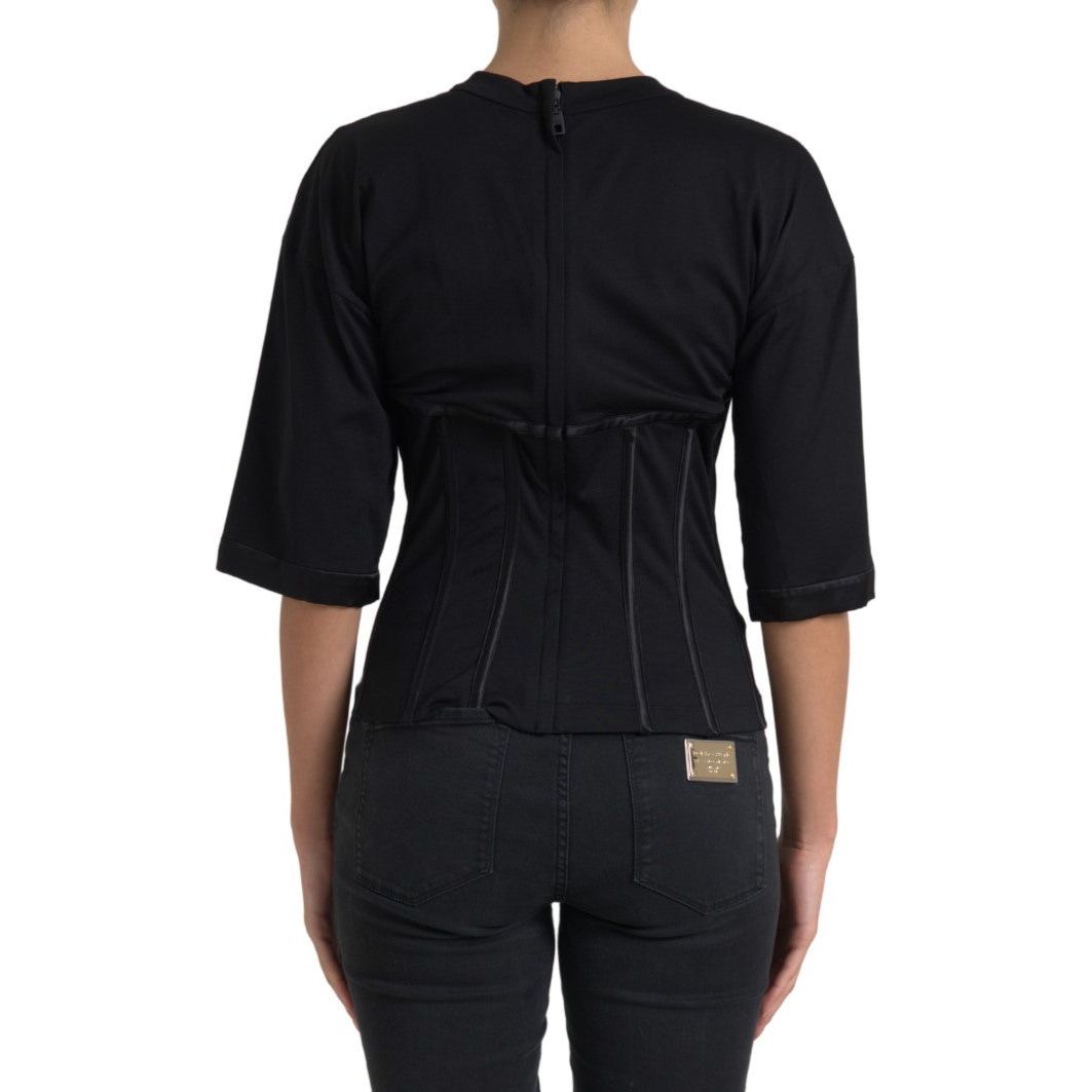 Dolce & Gabbana Timeless Black Silk Blend Corset Top black-cotton-corset-short-sleeves-tee-top