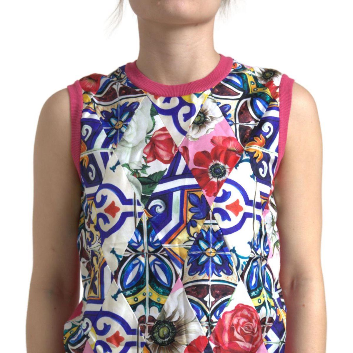 Dolce & Gabbana Elegant Cashmere-Silk Blend Crew Neck Top multicolor-majolica-floral-crew-neck-tank-top