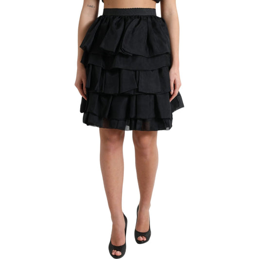 Dolce & Gabbana Elegant Tiered A-Line Mini Skirt black-tiered-aline-high-waist-silk-mini-skirt