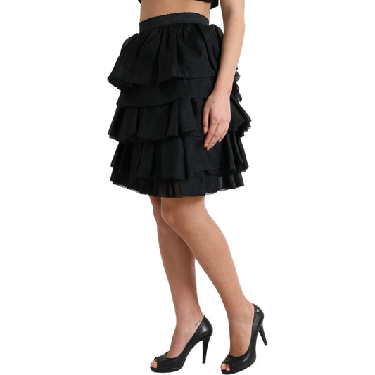 Dolce & Gabbana Elegant Tiered A-Line Mini Skirt black-tiered-aline-high-waist-silk-mini-skirt