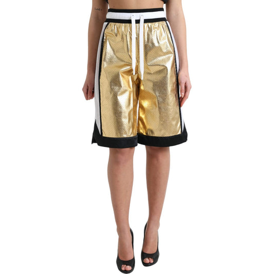 Dolce & Gabbana Gold Polyester Perforated High Waist Shorts gold-polyester-perforated-high-waist-shorts