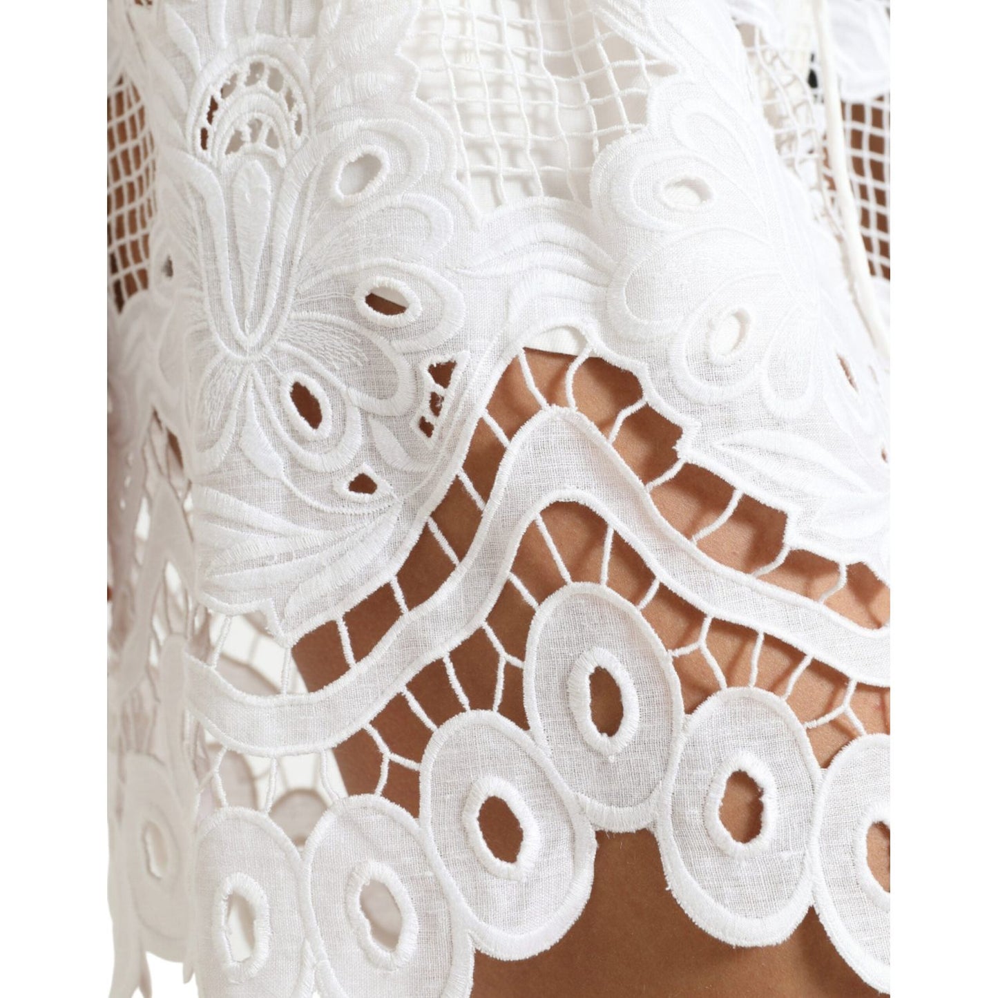 Dolce & Gabbana Chic High-Waisted Lace Shorts in Pure White white-cotton-cutout-high-waist-bermuda-shorts