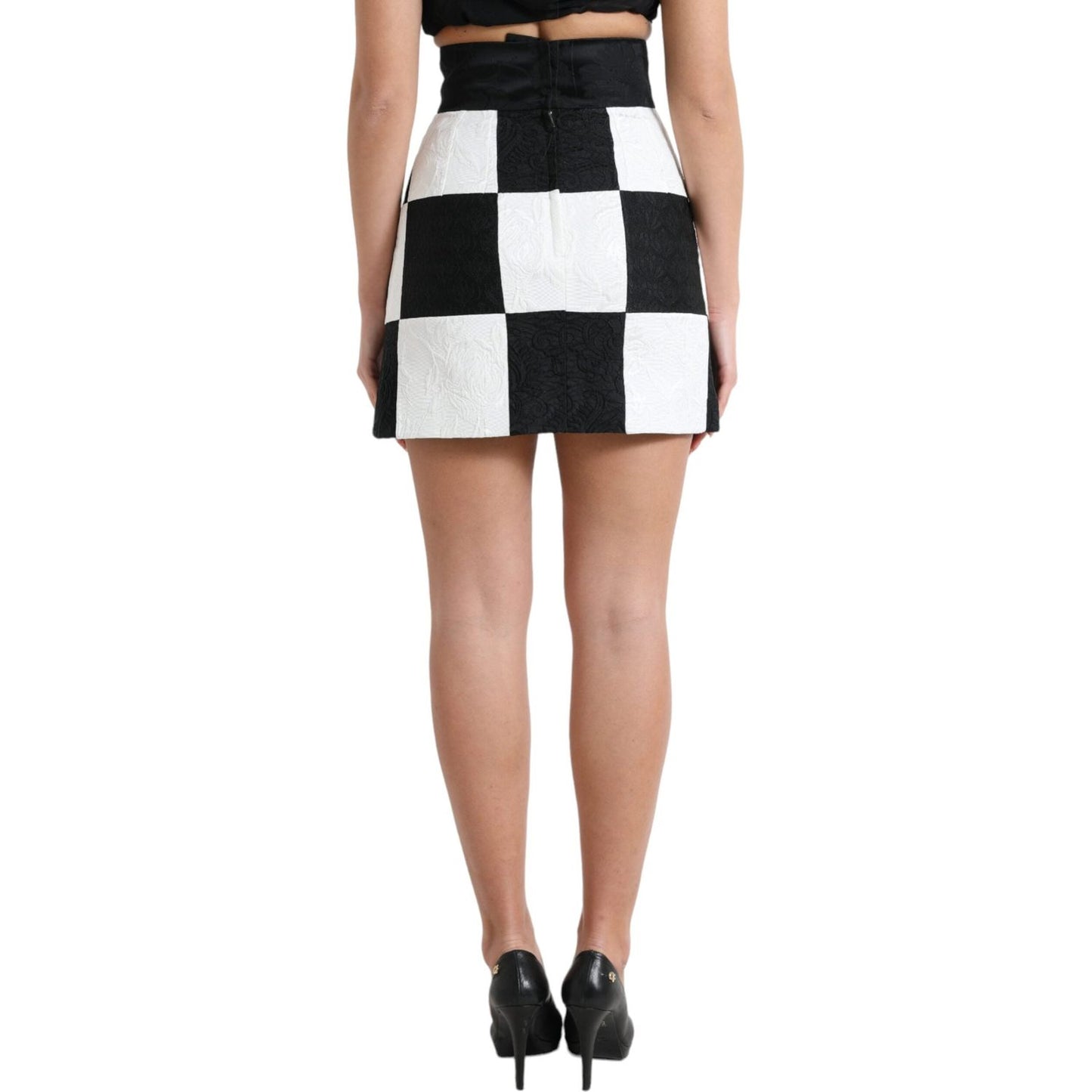 Dolce & Gabbana Elegant Floral High Waist Mini Skirt black-white-floral-brocade-high-waist-skirt