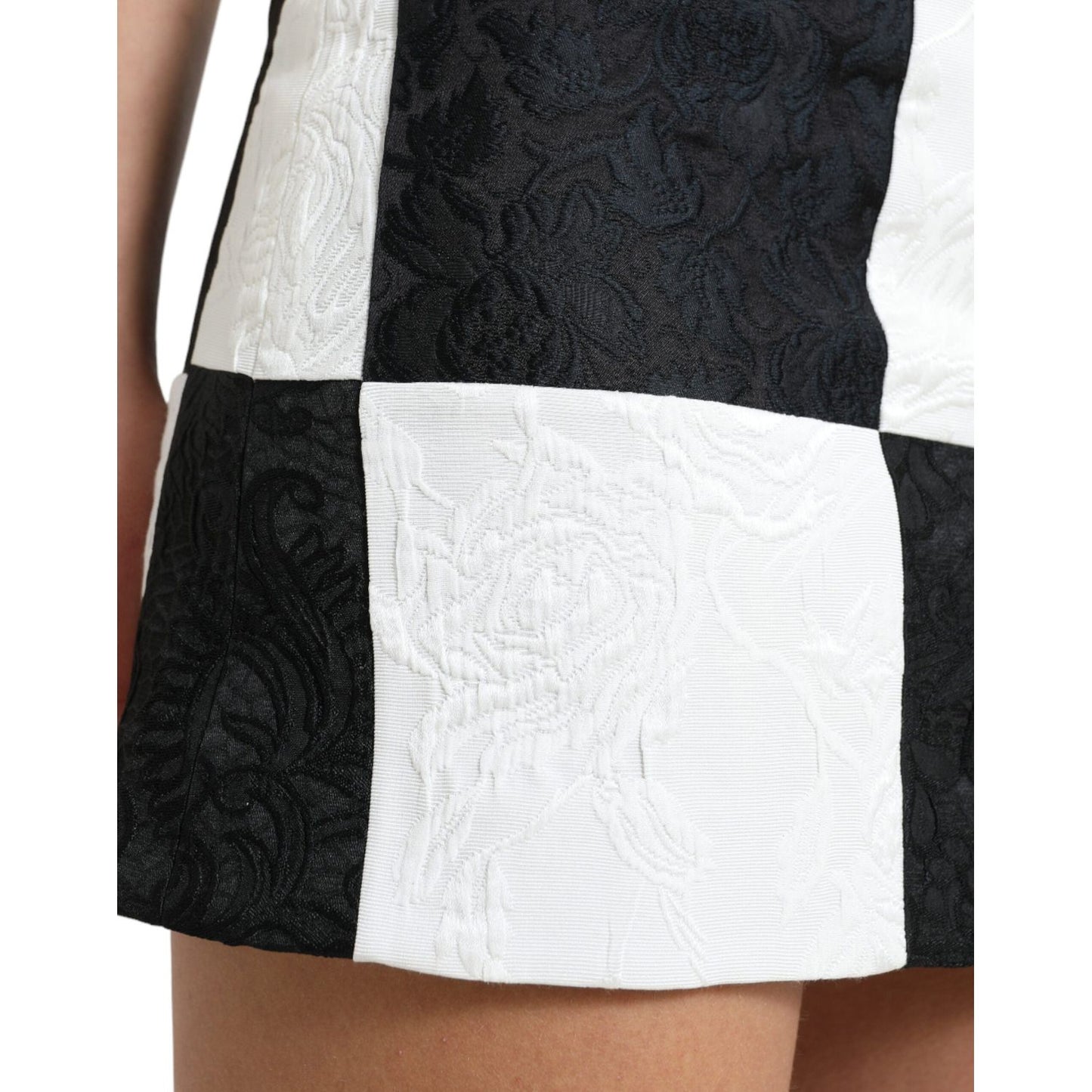 Dolce & Gabbana Elegant Floral High Waist Mini Skirt black-white-floral-brocade-high-waist-skirt