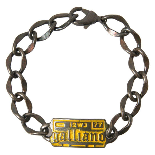 John Galliano | Silver Tone Brass Chain Logo Plaque Branded Antique Bracelet | McRichard Designer Brands