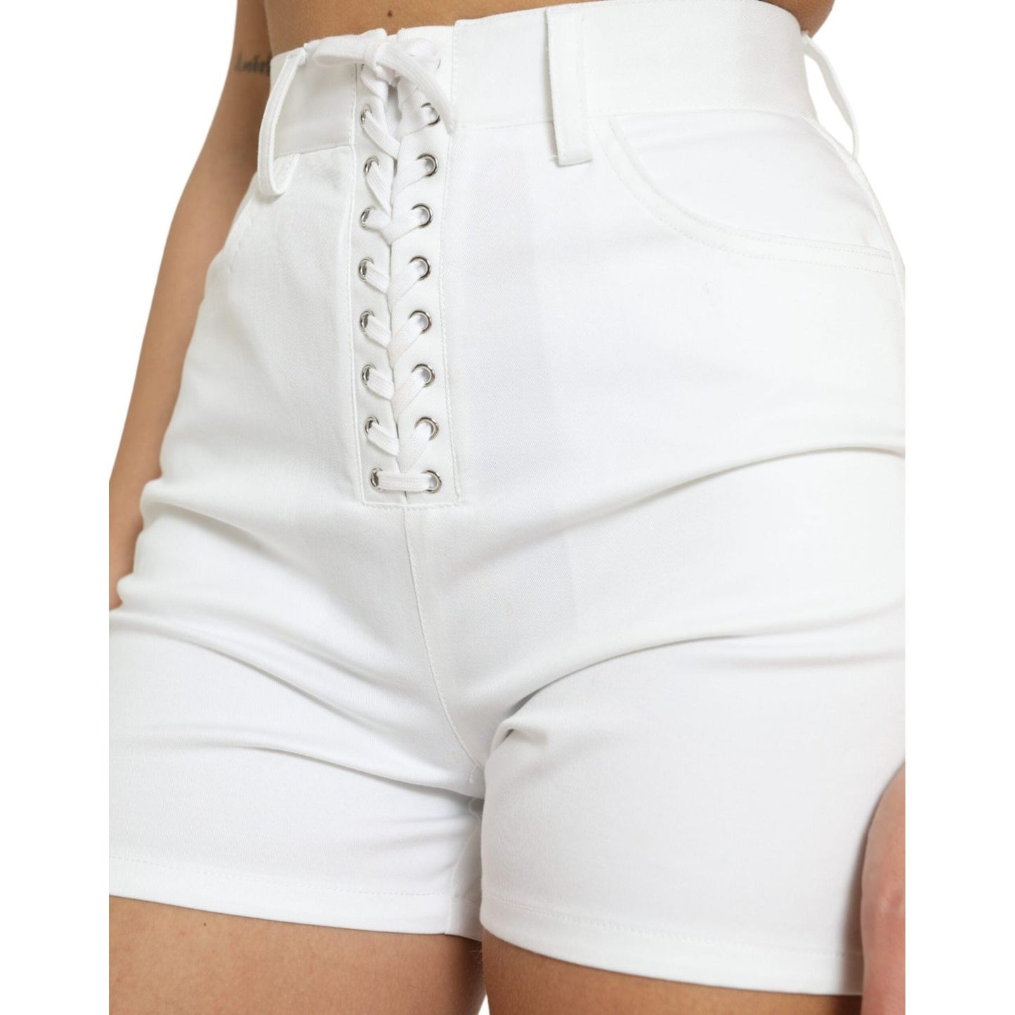 Dolce & Gabbana Chic High Waist Lace Closure Shorts white-front-lace-high-waist-hot-pants-shorts