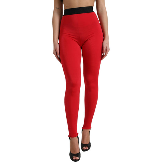 Dolce & Gabbana Elegant High Waist Red Leggings red-nylon-dg-logo-slim-leggings-pants