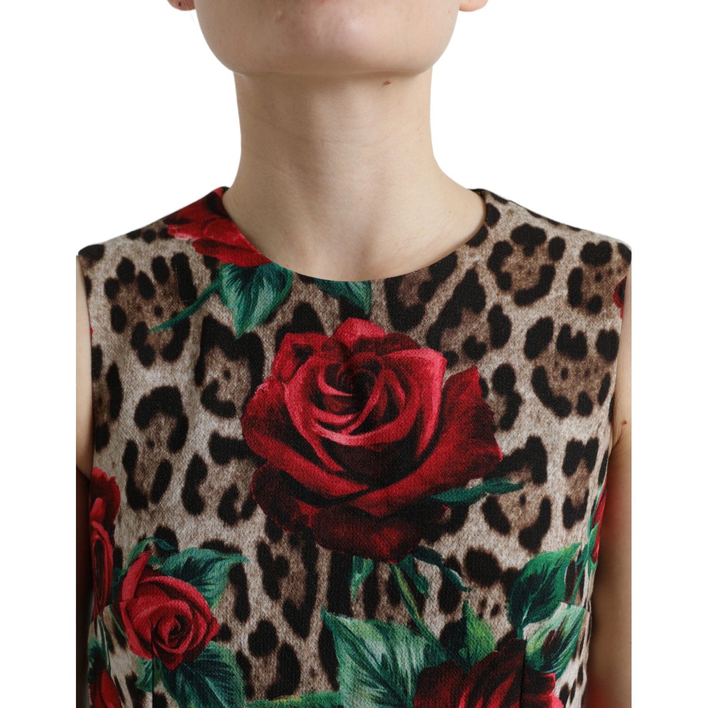 Dolce & Gabbana Elegant Leopard Floral A-Line Dress brown-leopard-red-roses-wool-a-line-dress