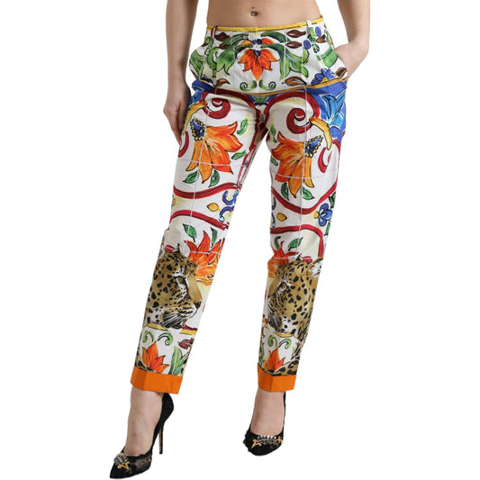 Dolce & Gabbana Majolica Print Tapered Cotton Pants white-majolica-print-tapered-mid-waist-pants