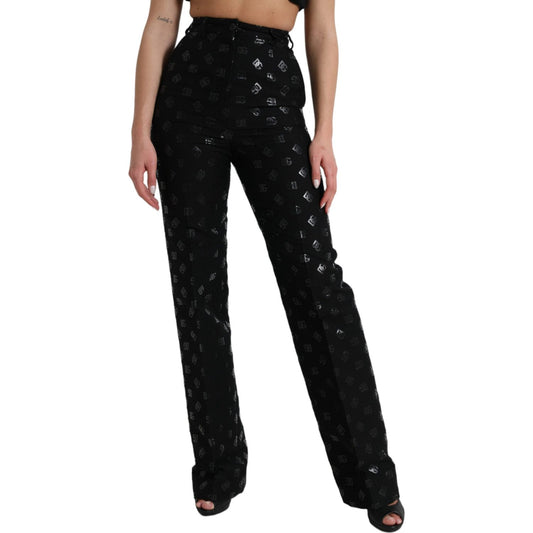 Dolce & Gabbana Black Wool DG Logo High Waist Straight Pants black-wool-dg-logo-high-waist-straight-pants