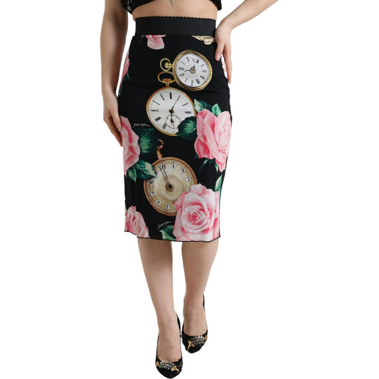 Dolce & Gabbana High Waist Silk Pencil Midi Skirt with Floral Print black-rose-clock-high-waist-pencil-cut-skirt